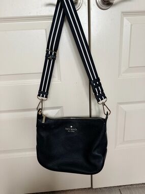 kate spade Black Leather Crossbody with black & White Striped Strap